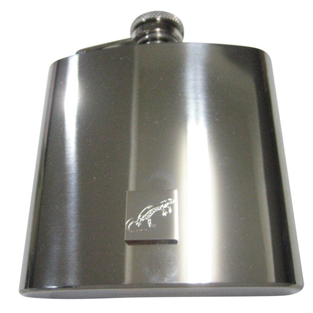 Silver Toned Square Etched Newt Gecko Lizard 6oz Flask